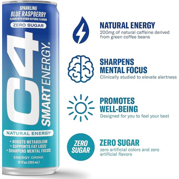 مشروب طاقة غازي سمارت C4 بنكهة توت ازرق من سيلوكور مشروب طاقة غازي سمارت C4 بنكهة توت ازرق من سيلوكور