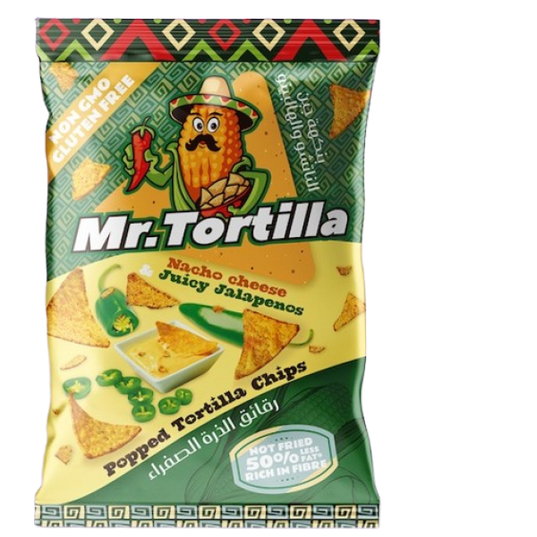 رقائق الذرة الصفراء مستر تورتيلا بنكهة جبن الناتشو والهالابينو من فيف فري