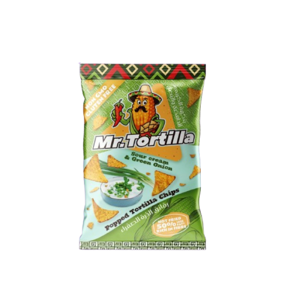 رقائق الذرة الصفراء مستر تورتيلا بنكهة الكريمة الحامضة والبصل من فيف فري رقائق الذرة الصفراء مستر تورتيلا بنكهة الكريمة الحامضة والبصل من فيف فري