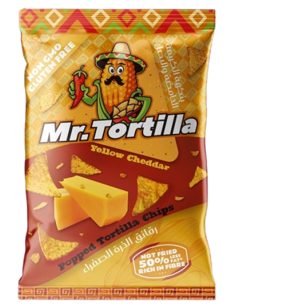 رقائق الذرة الصفراء مستر تورتيلا بنكهة جبنة الشيدر من فيف فري رقائق الذرة الصفراء مستر تورتيلا بنكهة جبنة الشيدر من فيف فري